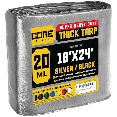 Heavy Duty Tarp, 24 ft L x 0.5 mm H x 18 ft W, 20 Mil, Silver/Black, Polyethylene